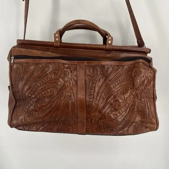 Vintage Sergios Tooled Leather Messenger Bag Shoulder Duffel Western Cowboy